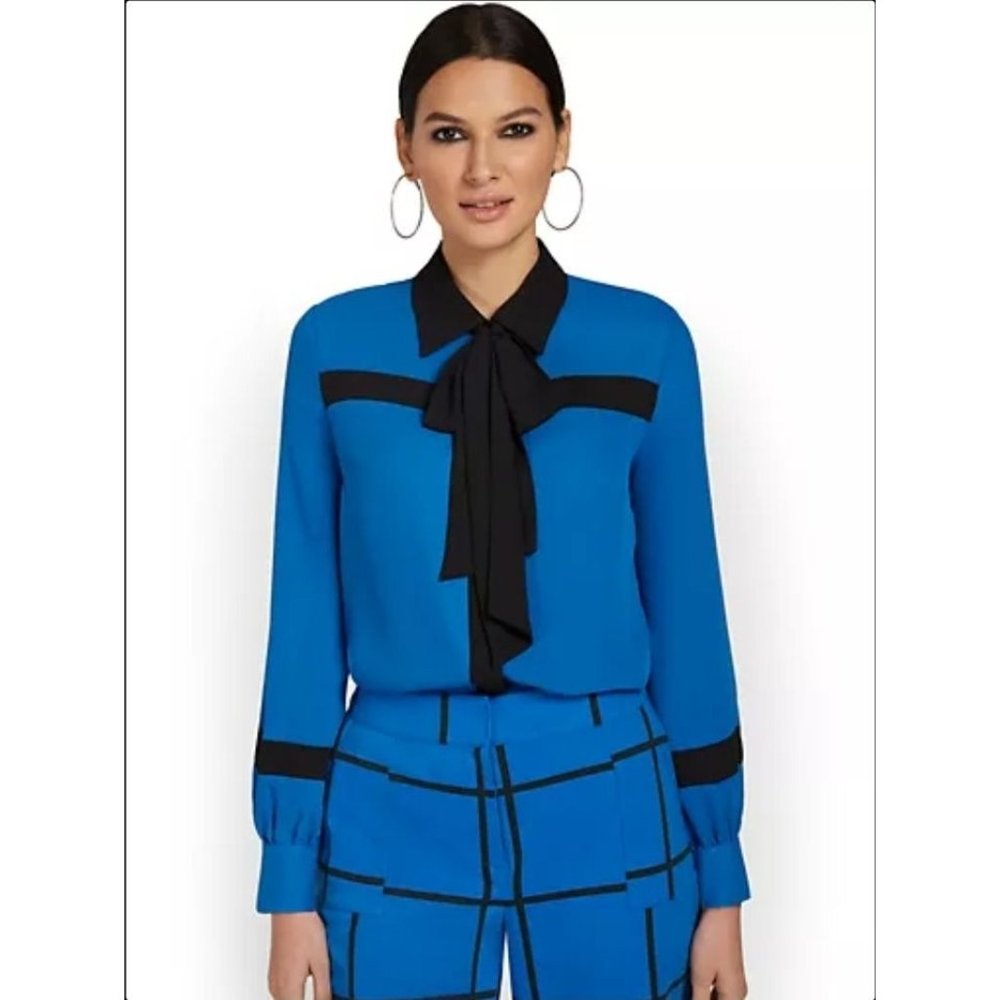 NY&C Women's Blouse Bow Front Long Sleeve Colorblock Blue Black Size Medium